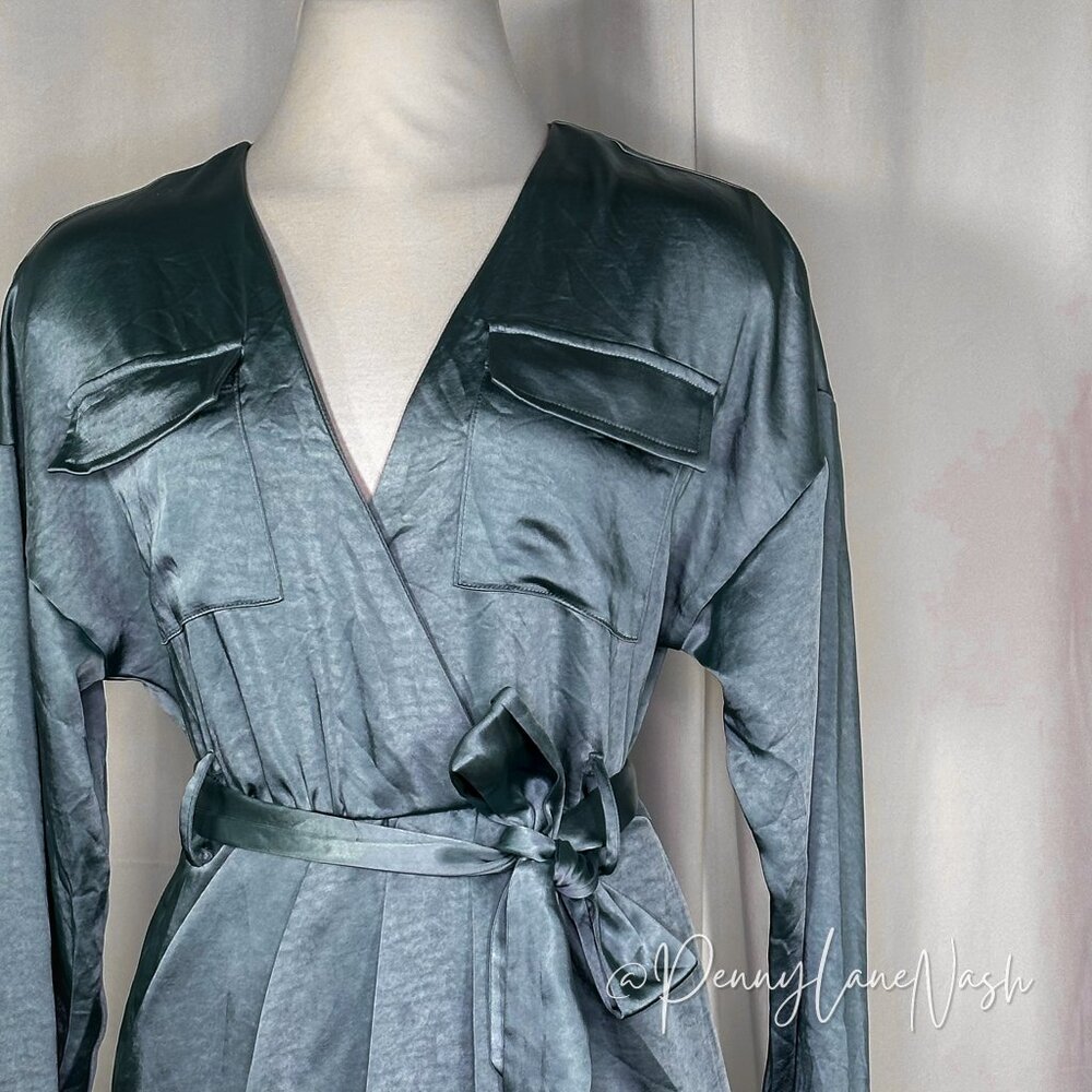 Garota Satin Faux Wrap Midi Dress Blue - Picture 3 of 14